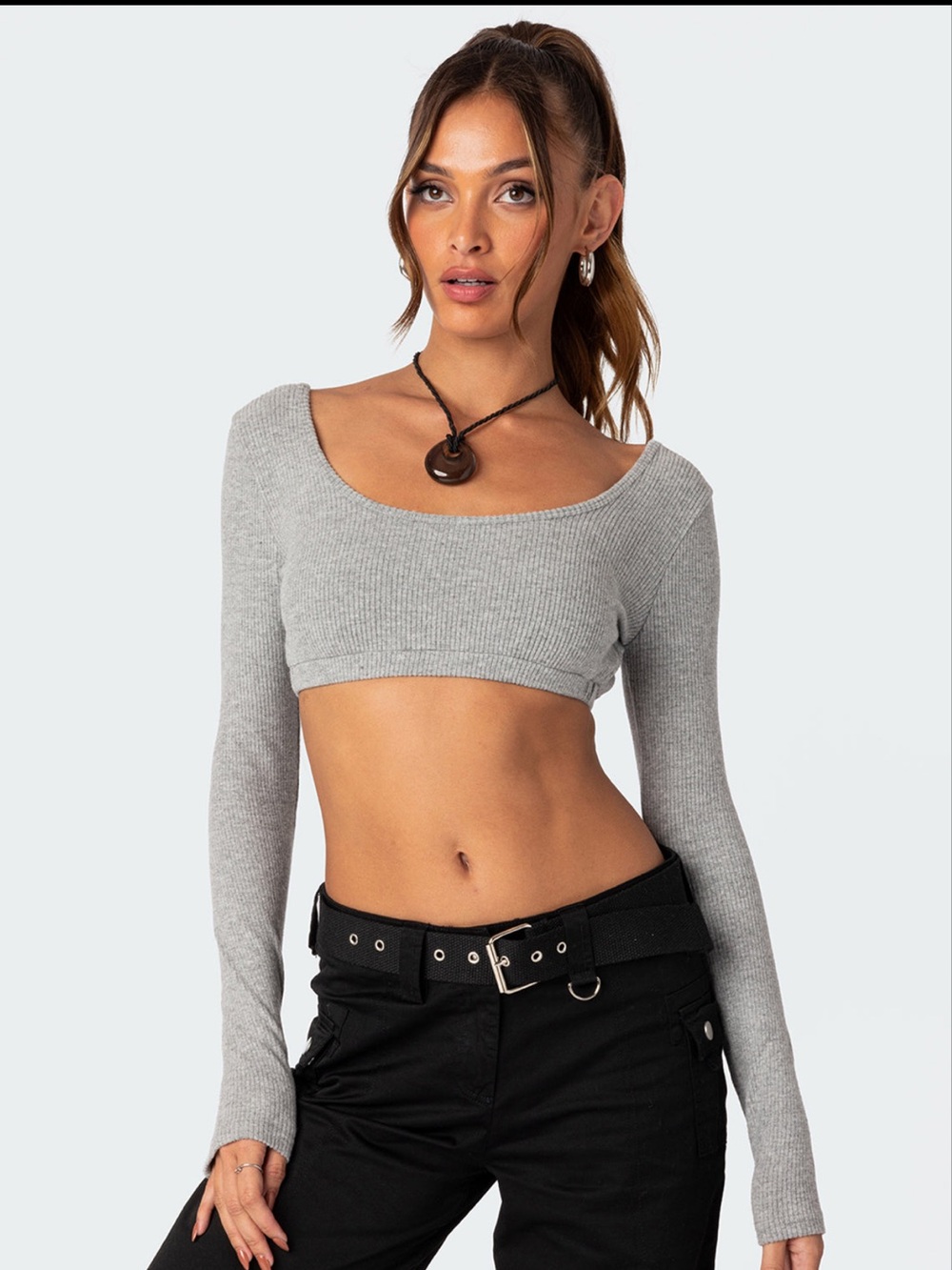 Gray Ribbed Long-Sleeve Crop Top